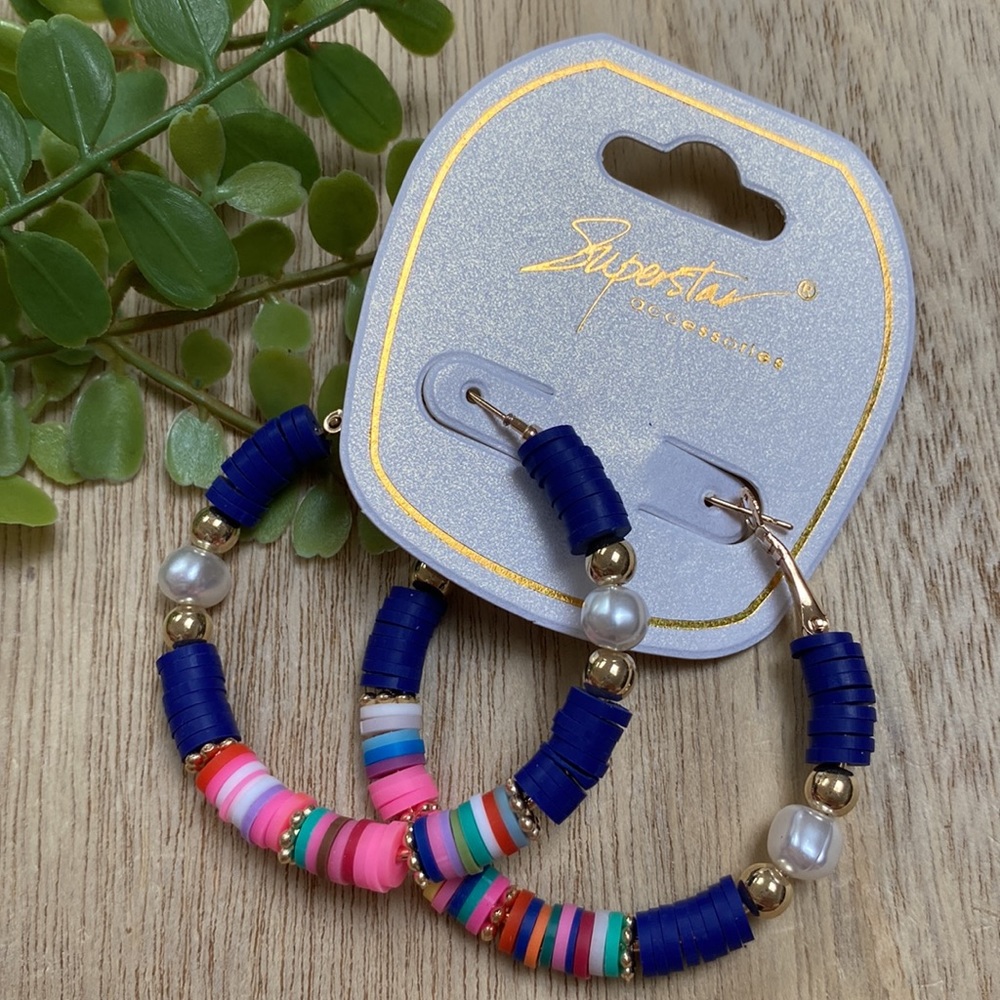 🎉HP🎉 Superstar Accessories Disc & Pearl Hoop Earrings 💗 Blue Gold Multi